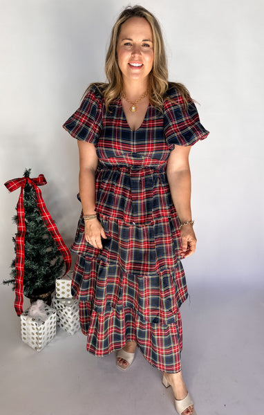 Plaid Print V-Neck Bubble Sleeve Midi Dress - Navy-K. Ellis Boutique