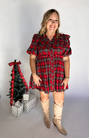 Plaid Print Puff Sleeve Mini Dress- Red-K. Ellis Boutique