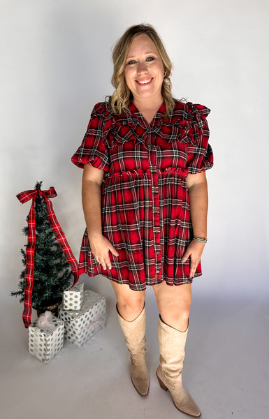 Plaid Print Puff Sleeve Mini Dress- Red-K. Ellis Boutique