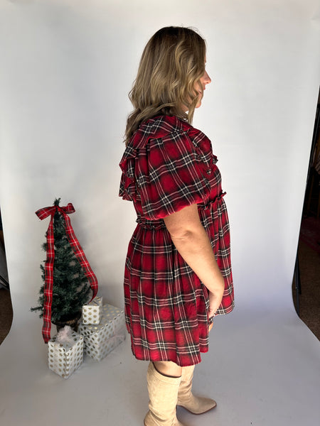 Plaid Print Puff Sleeve Mini Dress- Red-K. Ellis Boutique