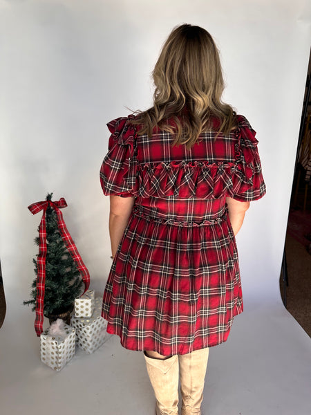 Plaid Print Puff Sleeve Mini Dress- Red-K. Ellis Boutique