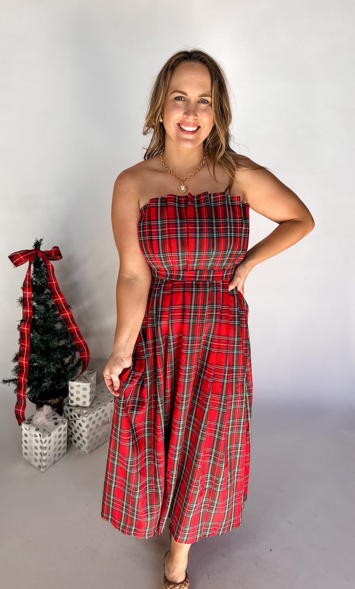 Plaid Strapless Midi Dress- Red-K. Ellis Boutique