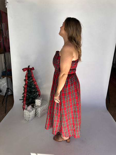 Plaid Strapless Midi Dress- Red-K. Ellis Boutique