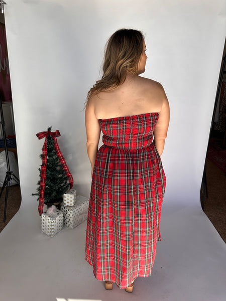 Plaid Strapless Midi Dress- Red-K. Ellis Boutique