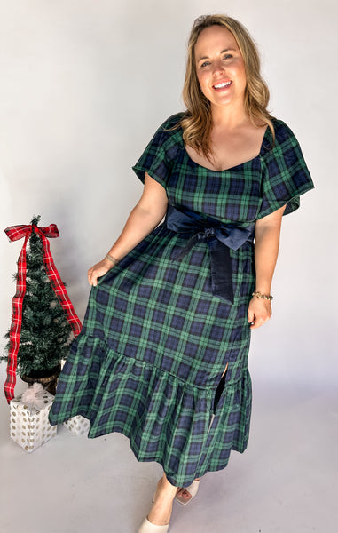 Tartan Plaid Detachable Waist Tie Dress- Green-K. Ellis Boutique