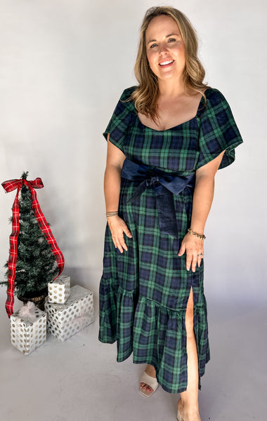 Tartan Plaid Detachable Waist Tie Dress- Green-K. Ellis Boutique