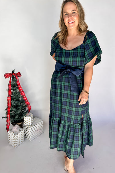 Tartan Plaid Detachable Waist Tie Dress- Green-K. Ellis Boutique