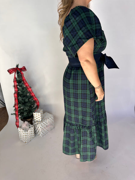 Tartan Plaid Detachable Waist Tie Dress- Green-K. Ellis Boutique