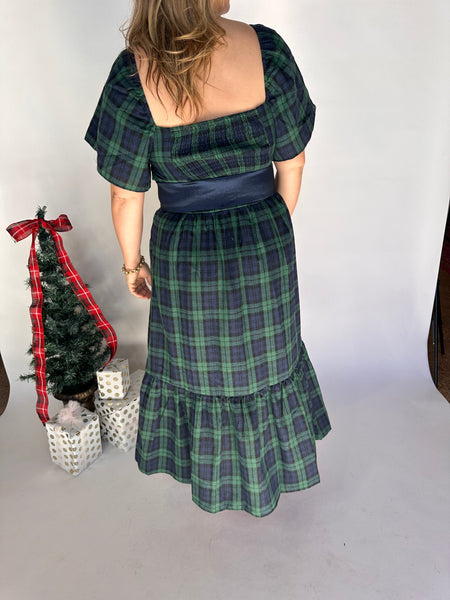 Tartan Plaid Detachable Waist Tie Dress- Green-K. Ellis Boutique