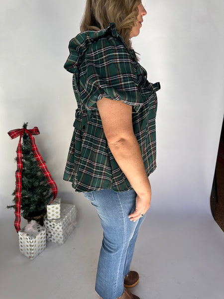 Plaid Print Bubble Sleeve Top- Green-K. Ellis Boutique