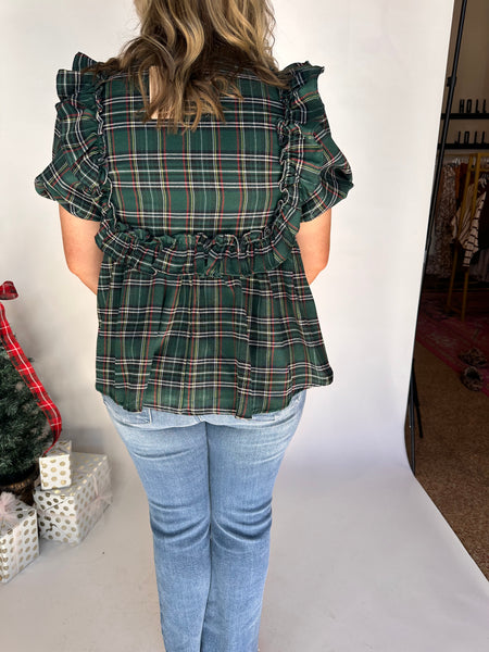 Plaid Print Bubble Sleeve Top- Green-K. Ellis Boutique