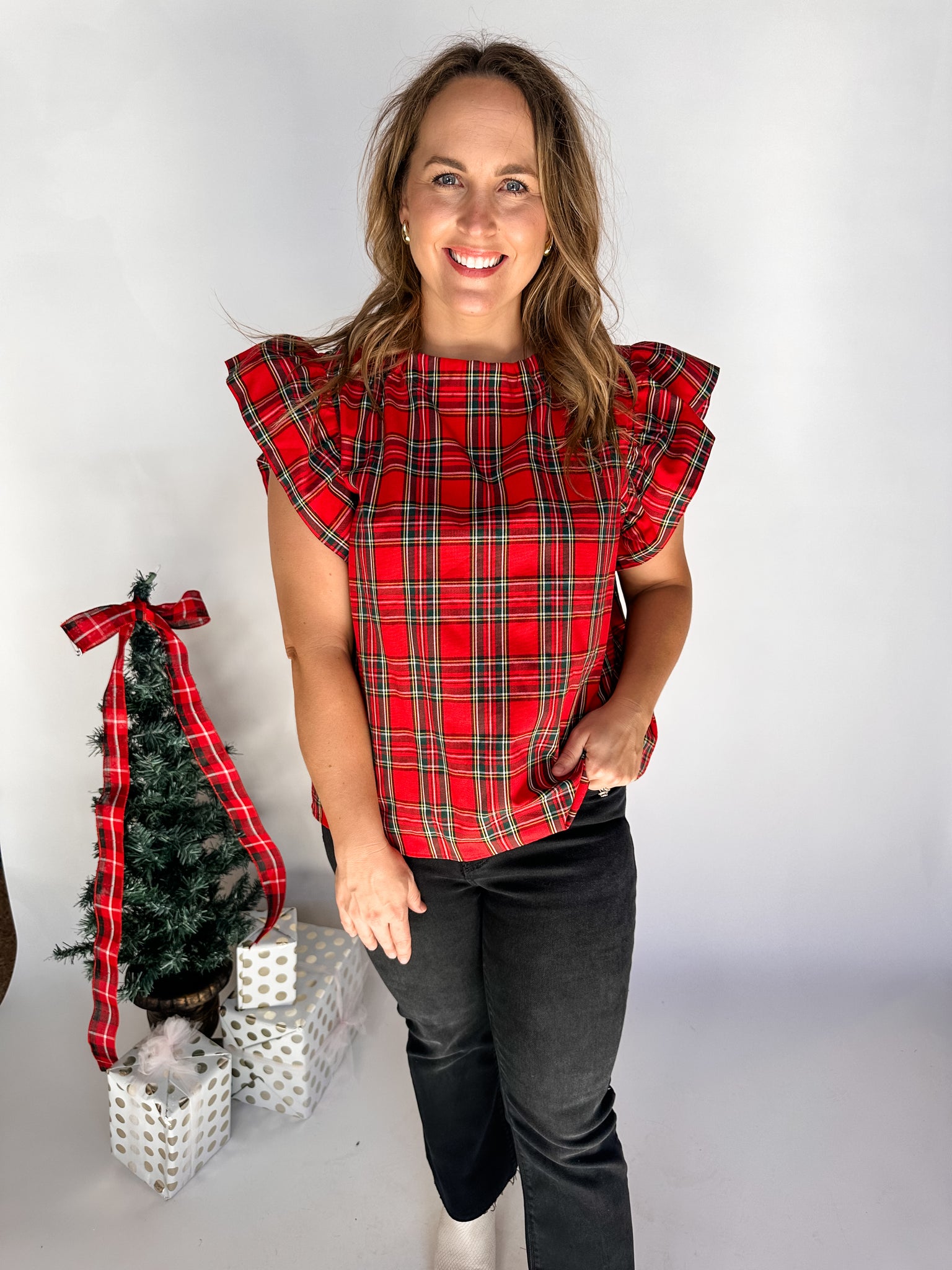 Plaid Print Ruffle Sleeve Top - Red-K. Ellis Boutique