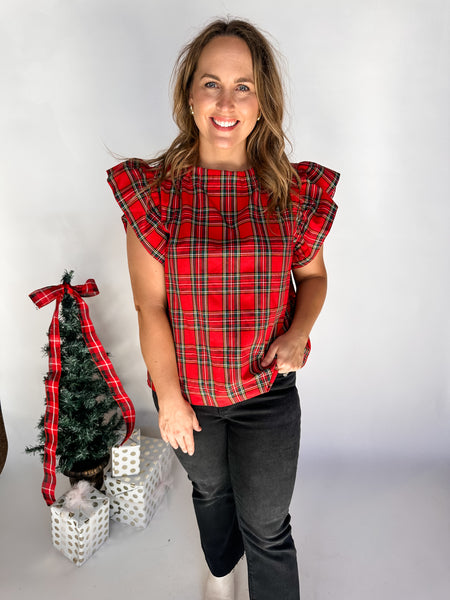 Plaid Print Ruffle Sleeve Top - Red-K. Ellis Boutique