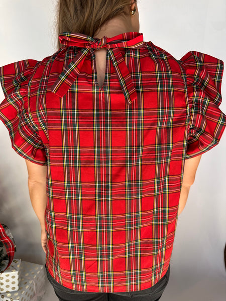 Plaid Print Ruffle Sleeve Top - Red-K. Ellis Boutique