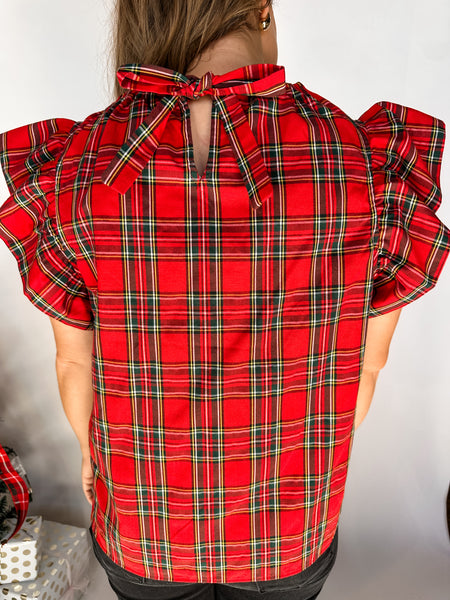 Plaid Print Ruffle Sleeve Top - Red-K. Ellis Boutique