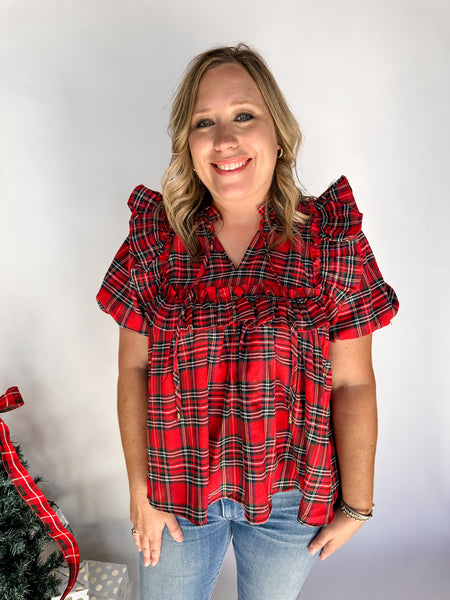 Plaid Print Bubble Sleeve Top - Red-K. Ellis Boutique