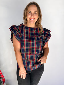 Plaid Print Ruffle Sleeve Top- Navy-K. Ellis Boutique