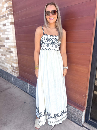 Jackie Embroidered Maxi Dress With Contrast Detail- Cream and Black Large Jackie Embroidered Maxi Dress With Contrast Detail- Cream and Black Large