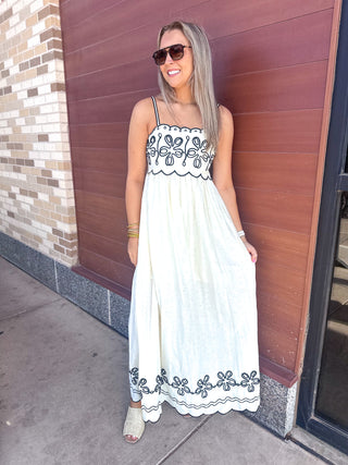 Jackie Embroidered Maxi Dress With Contrast Detail- Cream and Black-Midi/Maxi Dress-K. Ellis Boutique