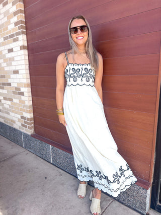 Jackie Embroidered Maxi Dress With Contrast Detail- Cream and Black-Midi/Maxi Dress-K. Ellis Boutique