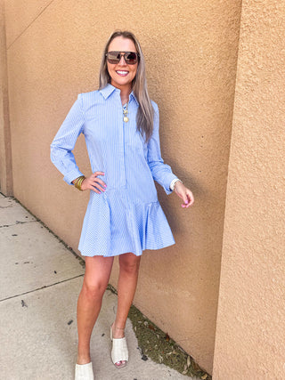 Stripe Collar Flared Skirt Dress- Powder Blue-Mini Dress-K. Ellis Boutique