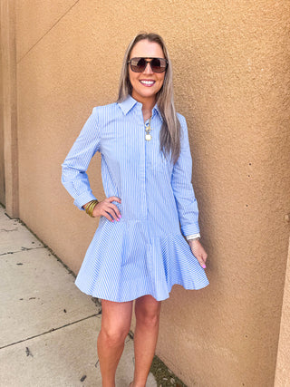 Stripe Collar Flared Skirt Dress- Powder Blue-Mini Dress-K. Ellis Boutique