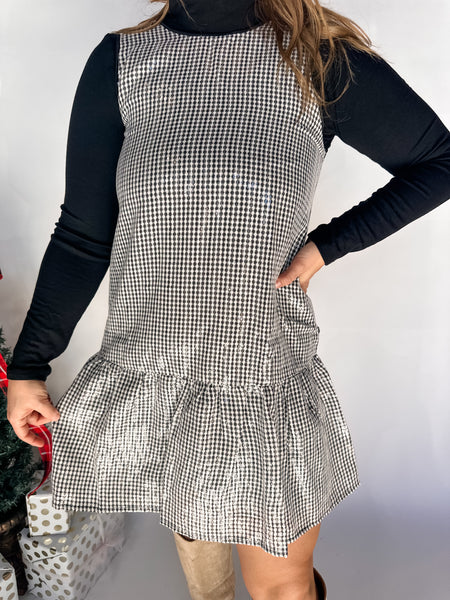 Sleeveless Sequined Checkered Dress- Black-K. Ellis Boutique