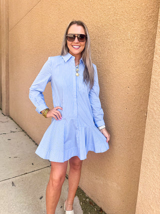 Stripe Collar Flared Skirt Dress- Powder Blue-Mini Dress-K. Ellis Boutique