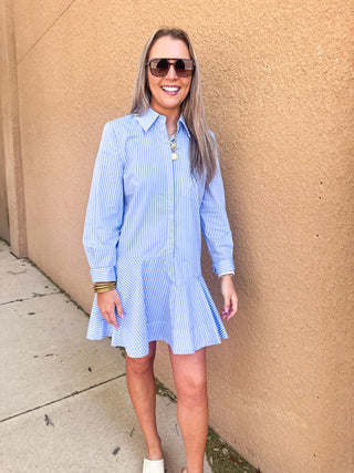 Stripe Collar Flared Skirt Dress- Powder Blue-Mini Dress-K. Ellis Boutique