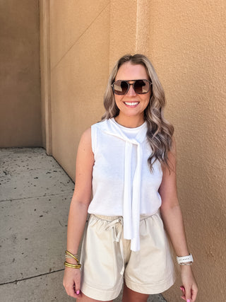 Robin Sleeveless Knit Top with Self Tie Scarf - Ivory-Sleeveless Top-K. Ellis Boutique