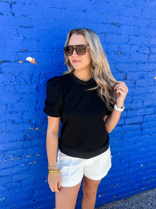 Puff Sleeve Top- black-Short Sleeve Top-K. Ellis Boutique
