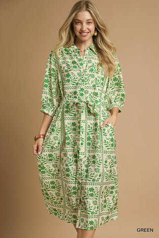 Floral Collared Button Down Midi- Green-K. Ellis Boutique