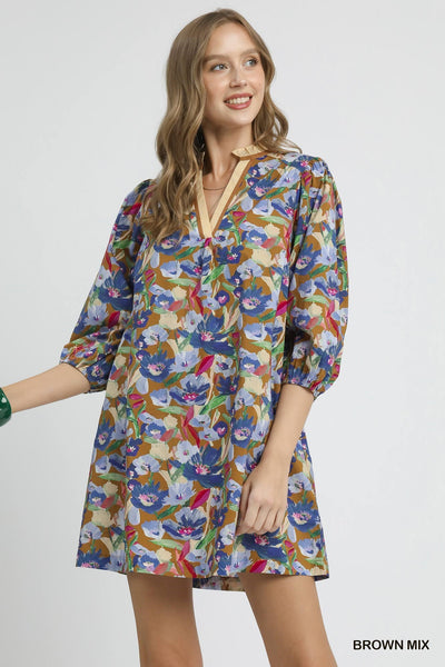 Floral V-Neck Balloon Sleeve Dress- Brown Mix-K. Ellis Boutique