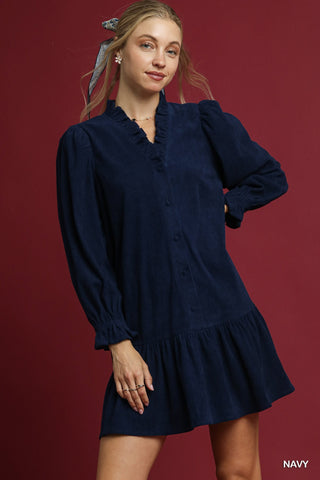 Corduroy Ruffle Hem Neck Mini- Navy-K. Ellis Boutique
