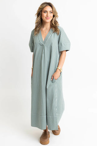 Karlie Stripe Puff Sleeve Maxi Dress- Green-K. Ellis Boutique