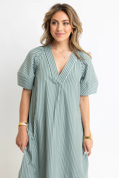 Karlie Stripe Puff Sleeve Maxi Dress- Green-K. Ellis Boutique