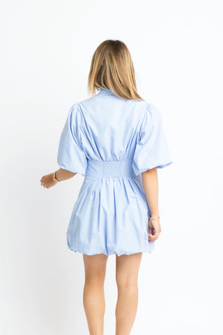 Karlie- Solid Poplin Ruffle Collar Bubble Hem Mini- Blue-K. Ellis Boutique
