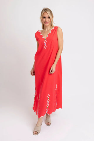Karlie Red V-Neck Scallop Dress with Embroidery-Midi/Maxi Dress-K. Ellis Boutique