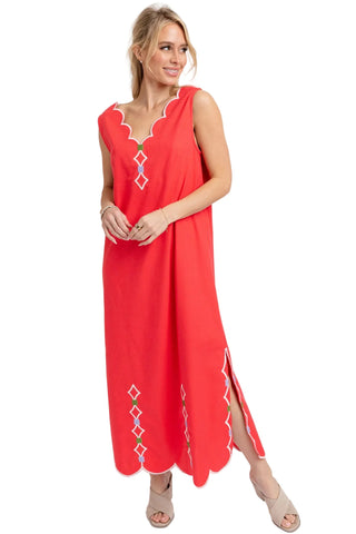 Karlie Red V-Neck Scallop Dress with Embroidery-Midi/Maxi Dress-K. Ellis Boutique