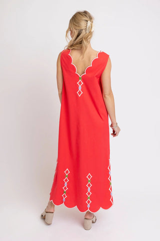 Karlie Red V-Neck Scallop Dress with Embroidery-Midi/Maxi Dress-K. Ellis Boutique