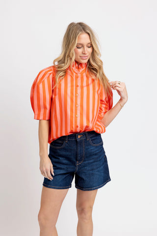 Karlie Stripe Button Up Ruffle Neck Top- Coral-Short Sleeve Top-K. Ellis Boutique