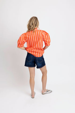 Karlie Stripe Button Up Ruffle Neck Top- Coral-Short Sleeve Top-K. Ellis Boutique