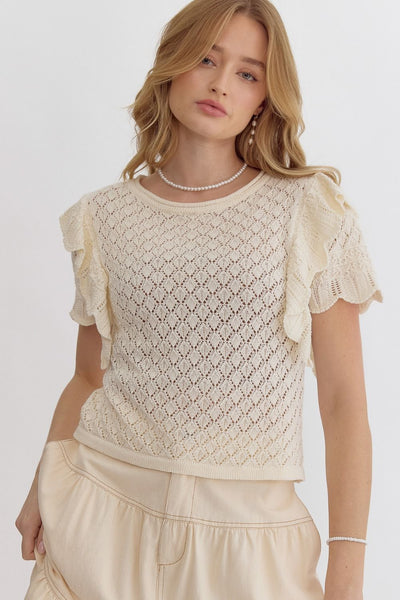 Knit Ruffle Sleeve Top - Off White-K. Ellis Boutique