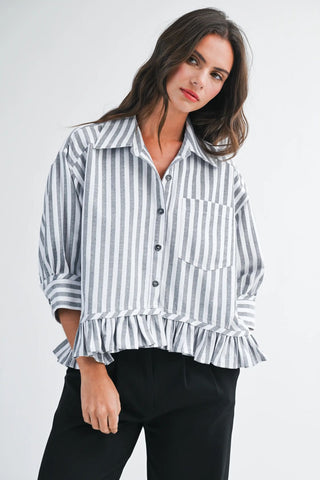 Striped Ruffle Hem Button Down-Short Sleeve Top-K. Ellis Boutique