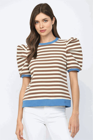 Mocha Blue Stripe Top-Short Sleeve Top-K. Ellis Boutique
