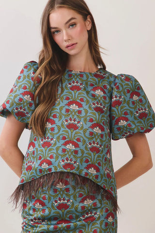 Fleur Feather Trim Top-Short Sleeve Top-K. Ellis Boutique