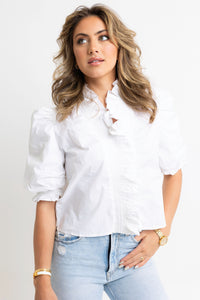 Karlie Solid Stripe Ruffle Puff Sleeve Top-White-K. Ellis Boutique
