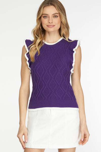 Cable Knit Ruffle Sleeve Top- Purple-K. Ellis Boutique