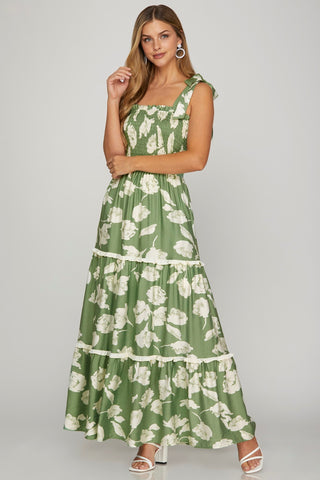 Floral Smocked Maxi Dress- Sage-K. Ellis Boutique