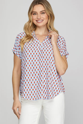 Collared Vneck Printed Top- Red/Blue-K. Ellis Boutique